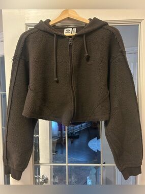 adidas Brown Cropped Sherpa Zip Hoodie